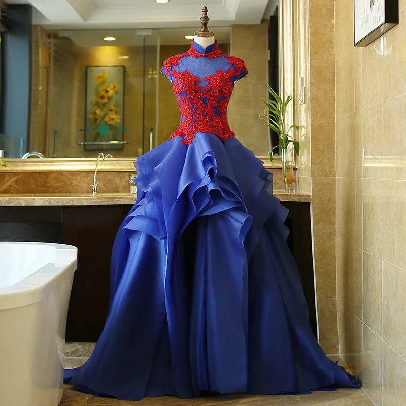 100%real royal blue red rhinestone flower embroidery theme court ball gown medieval dressqueen Victorian dress gown Belle Ball