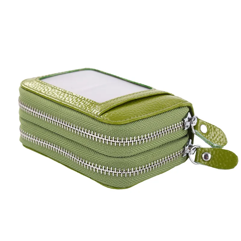 RFID Blocking Fashion Brand Women ID Card Holder Genuine Leather Double Zipper Ladies Credit Card Case Wallet Large Capacity