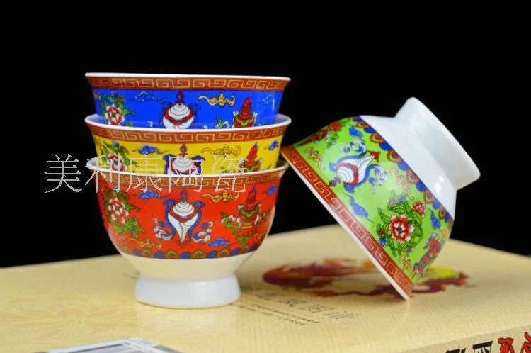 2.8 inch tall ceramic bowl eight auspicious Tibetan Buddhism for Ssangyong tea bowl cup  butter tea bowl