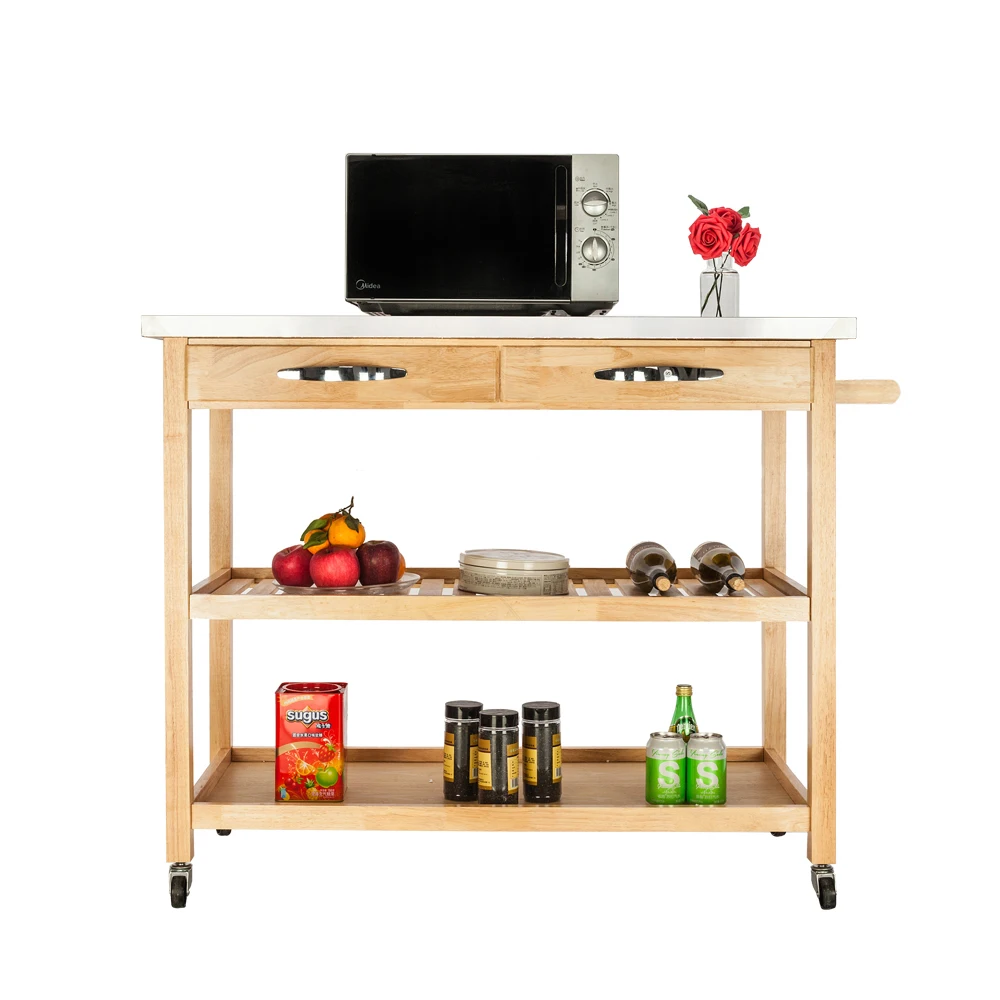 FCH-carrito de cocina movible con sobremesa de acero inoxidable, dos cajones y dos estantes, carrito de utilidad rodante de madera de Burlywood, disponible en EE. UU.