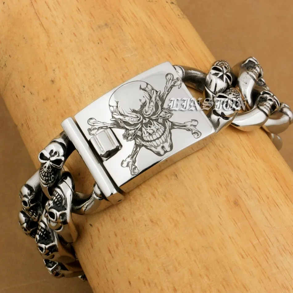 LINSION Huge Heavy 316L Stainless Steel Deep Laser Engraved Pirate Skulls Mens Boys Biker Rock Punk Bracelet 5F105