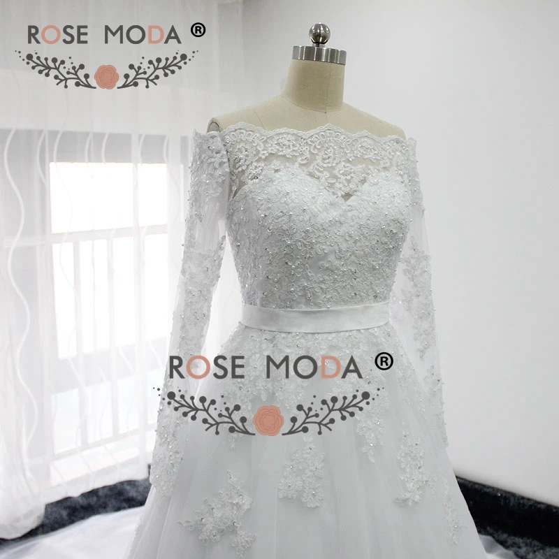 Rosa moda fora do ombro mangas compridas vestido de casamento do laço com arco removível fotos reais feito sob encomenda