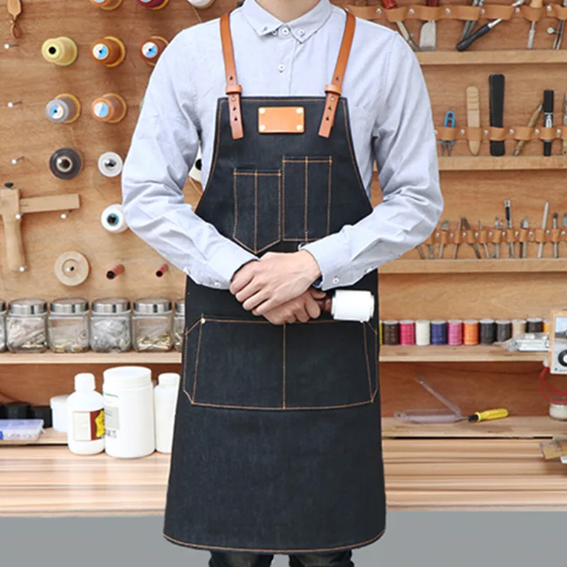 

Black Denim Apron Crossback Leather Strap Barista Baker Cafe Pastry Chef Uniform Florist Barber Painter Gardener Work Wear K42B