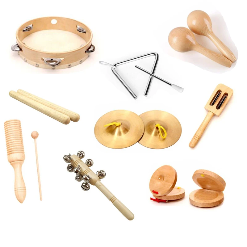 

Freeship 9pcs/set natural wood color children wooden musical instrument toy set for kids rhythm percussion music education