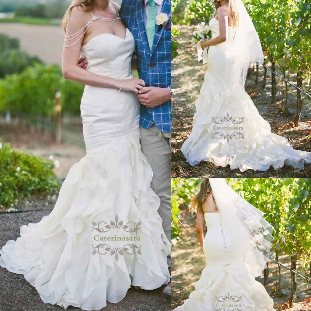 Vestido de novia sin mangas de Organza de sirena Sweetheart, vestidos de novia para niña con botón de la capilla en la espalda, Vestido largo de novia