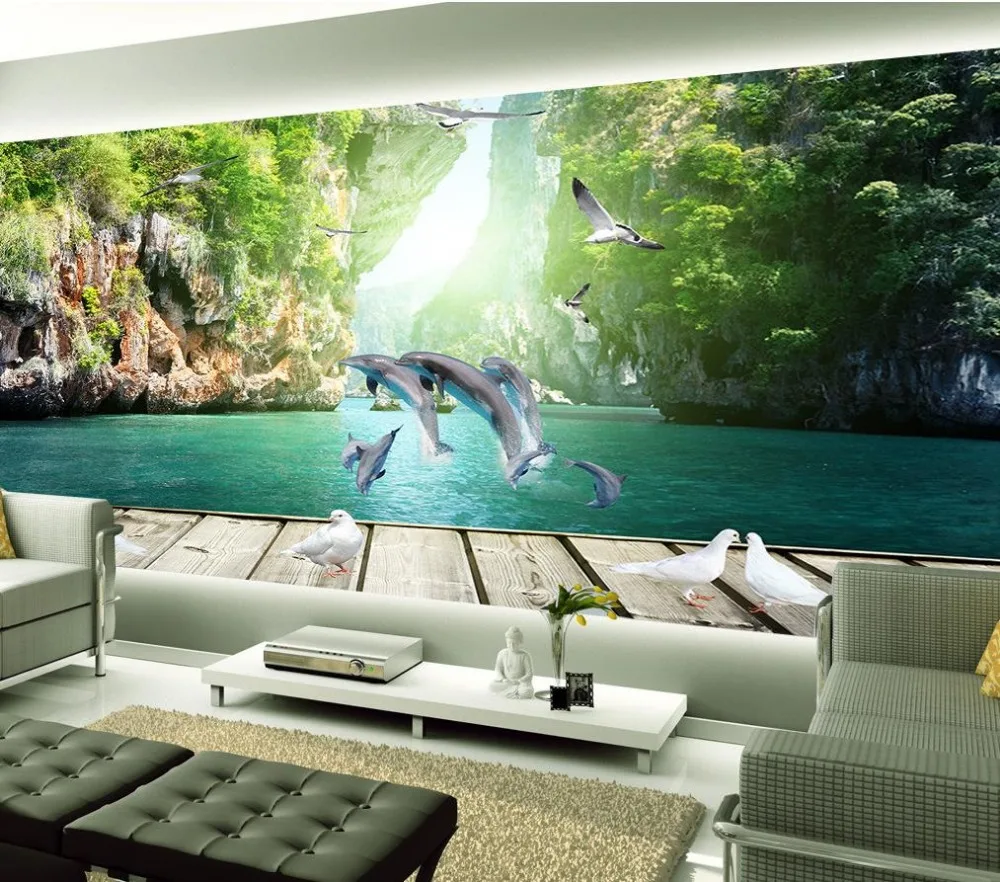 

Custom photo wallpaper Dolphin swimming board Guilin Scenery TV backdrop mural wallpaper Non woven wallpaper