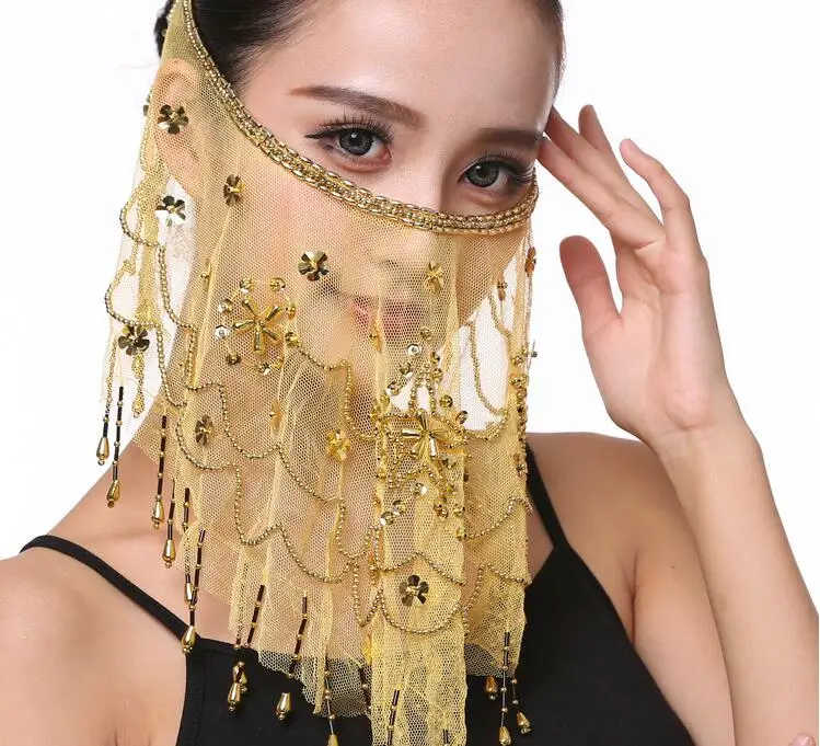 Donne ricamate maglia danza del ventre viso veli fiore di prugna velo indiano danza costume gioielli puntelli maschera per il viso