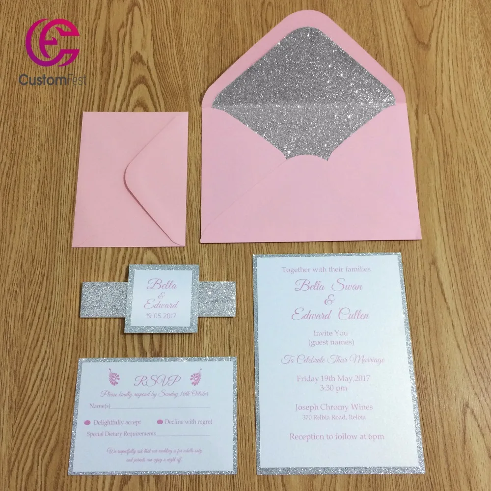 30pcs/lot  glitter liner envelop with glitter two layers invitation and RSVP  set ( including belly band and tag) GDD000V102