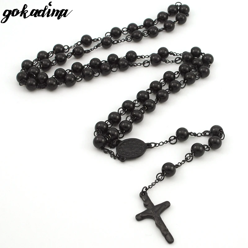 Gokadima 8mm,Christmas Religious Jewelry Catholic, Stainless Steel Necklace Cross for Men Beads Rosary Necklace WRN03