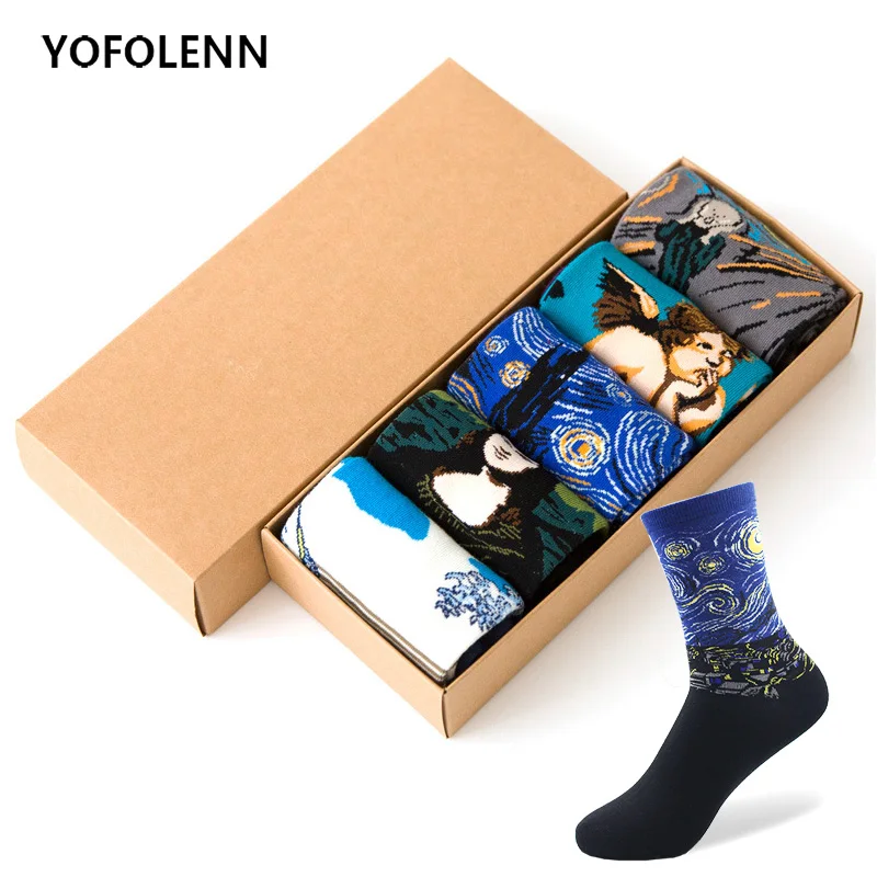 5 Pairs/lot Painting Art Socks Women Happy Colorful Cotton Socks Van Gogh Retro Oil World Famous Painting Socks Lot( NO BOX )