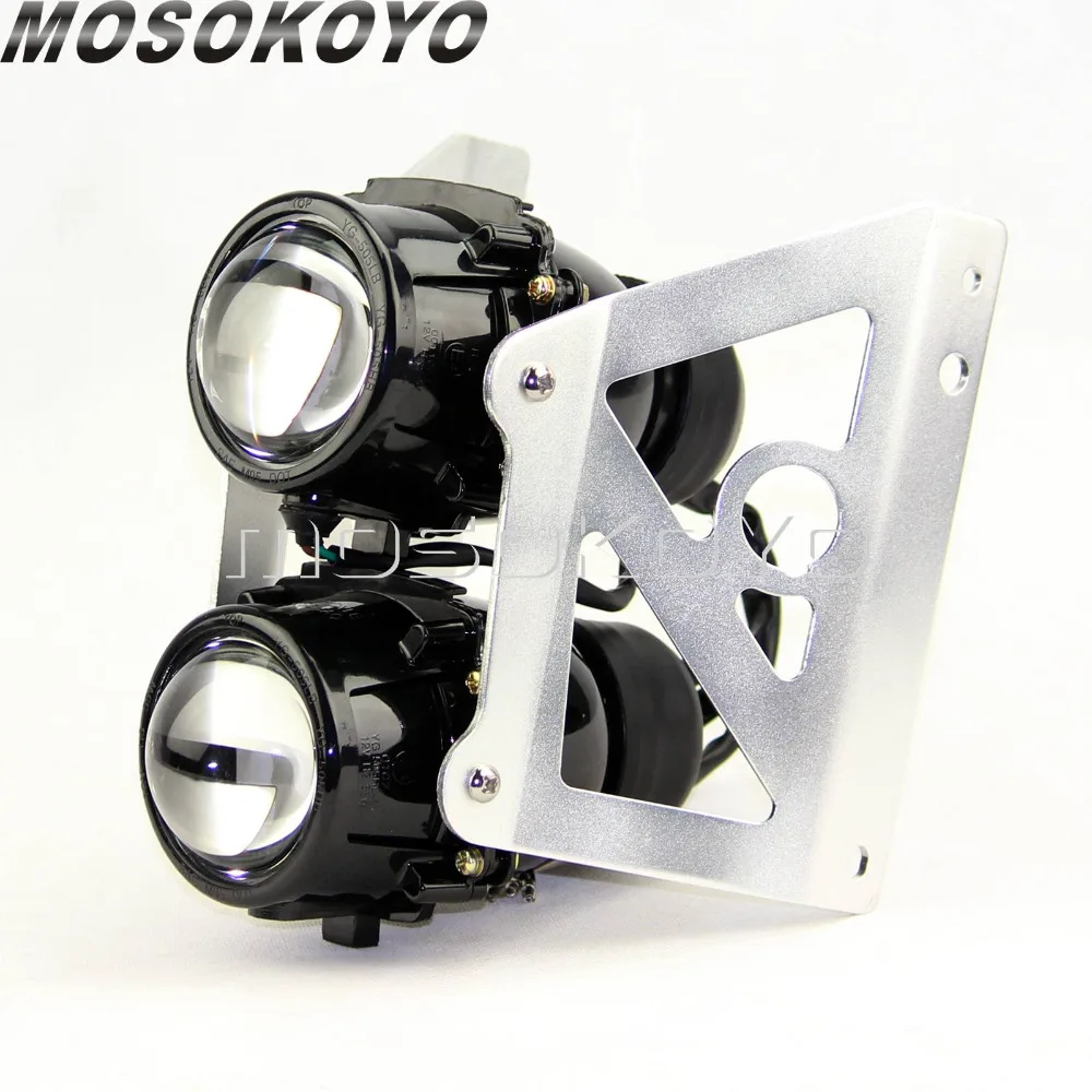 Street Motorcycle Headlight Twin Projector Light Scooter Front Running Lamp w/ Mounting Bracket for Yamaha Honda Suzuki Kawasaki