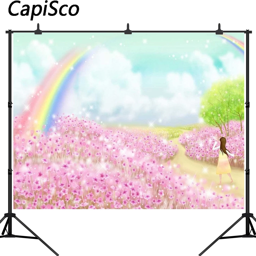 

Capisco pink flower photography backdrop rainbow cloud baby shower girl background photocall photobooth photo studio