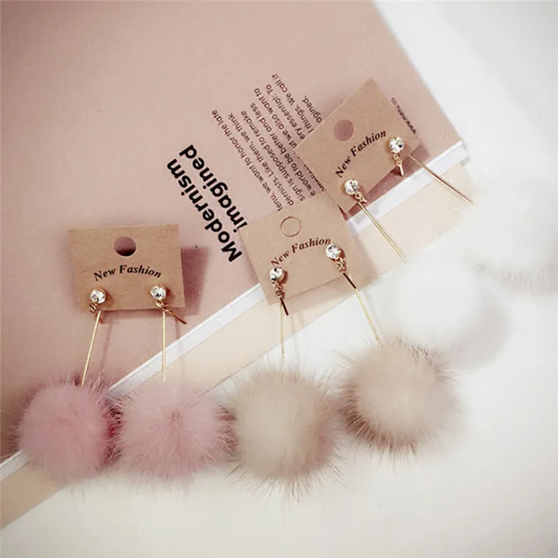 1Pair Women Crystal Cute Rabbit Fur Ball PomPom Long Drop Earrings For Soft Pom Pom Ear Dangle Jewelry Winter Gift Trinket
