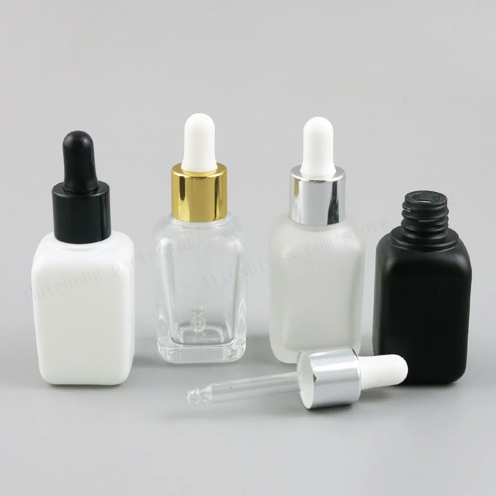 200 x 30ml Empty Square Frost Black  White Clear Frost Glass Essential Oil Bottle With Dropper 1OZ Essential Oil Container