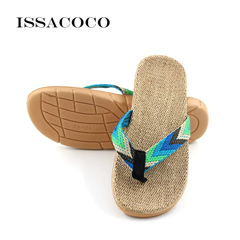 ISSACOCO Men\'s Linen Flip Flops Striped Ribbon Sandals Flat EVA Non-Slip Linen Slides Home Slippers Man Casual Straw Beach Shoes