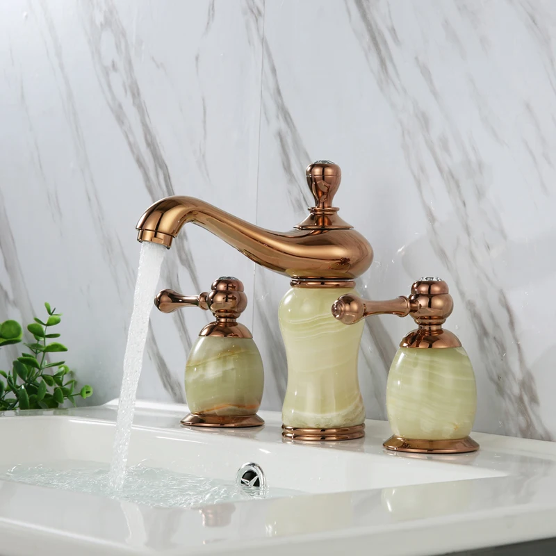 

Luxury Rose Gold Brass Natural jade Bathroom Sink Faucet Art Basin Mixer Taps three holes high quality Lavatory Faucet--SM5383