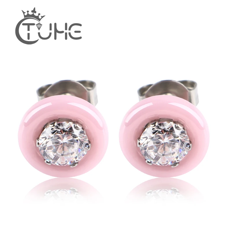 Orecchini a bottone rotondi in ceramica rosa nera bianca per le donne AAA Big Crystal CZ rosa orecchini da donna gioielli da sposa all\'ingrosso