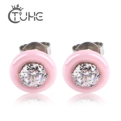 Orecchini a bottone rotondi in ceramica rosa nera bianca per le donne AAA Big Crystal CZ rosa orecchini da donna gioielli da sposa all'ingrosso