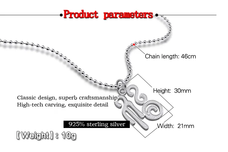 Female Models 925 Sterling Silver Necklace Retro Text Pendant Lucky Blessing Talisman Solid Silver Necklace Bead Chain Bijoux