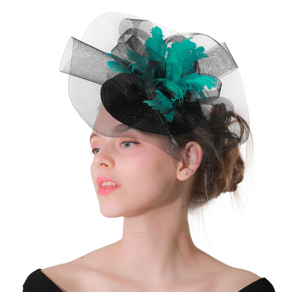 New Classic Derby Green Fascinators Party Tea Hats Women Hair Clips Headwear With Fancy Feathers Ladies Hair Accessories XMF71