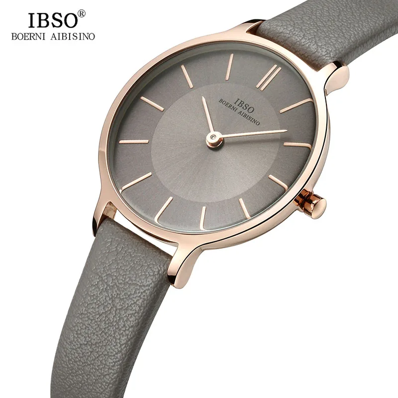 IBSO Brand 8 MM Ultra-Thin Quartz Watch Women Gray Leather Women Watches 2021 Luxury Ladies Watch Montre Femme