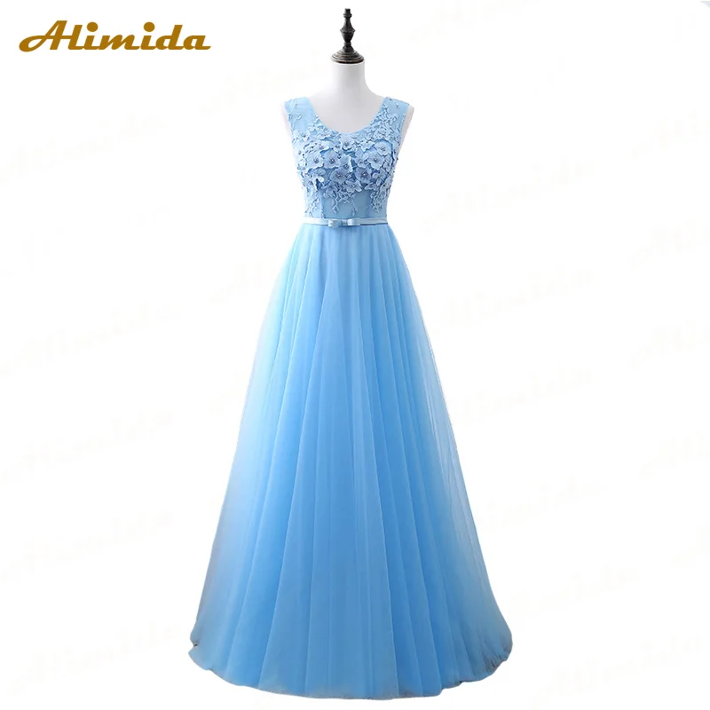 ALIMIDA Evening Dress Long 2020 New Appliques Prom Party Dress V-Neck A-Line Beading Formal Dresses Silver Pink Vestido De Festa