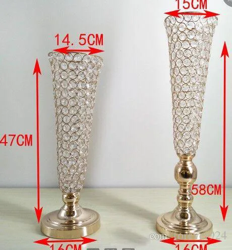 

58 cm Tall Crystal Gold Wedding Flower Vase Metal Table Centerpiece Flower Stand Wholesale Cheap Tabletop Vases for Weddings