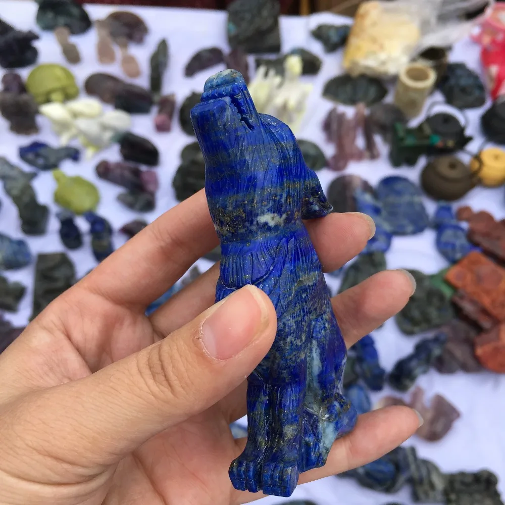 10cm Natural Crystal carving lapis lazuli Wolf figure statue hand carved crystal healing For family