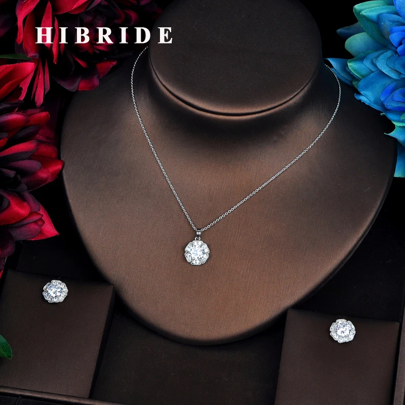 

HIBRIDE Luxury Flower Pendant Clear Cubic Zircon Wedding Women Bridal Jewelry Sets Link Necklace Sets Girl Party Gifts N-541