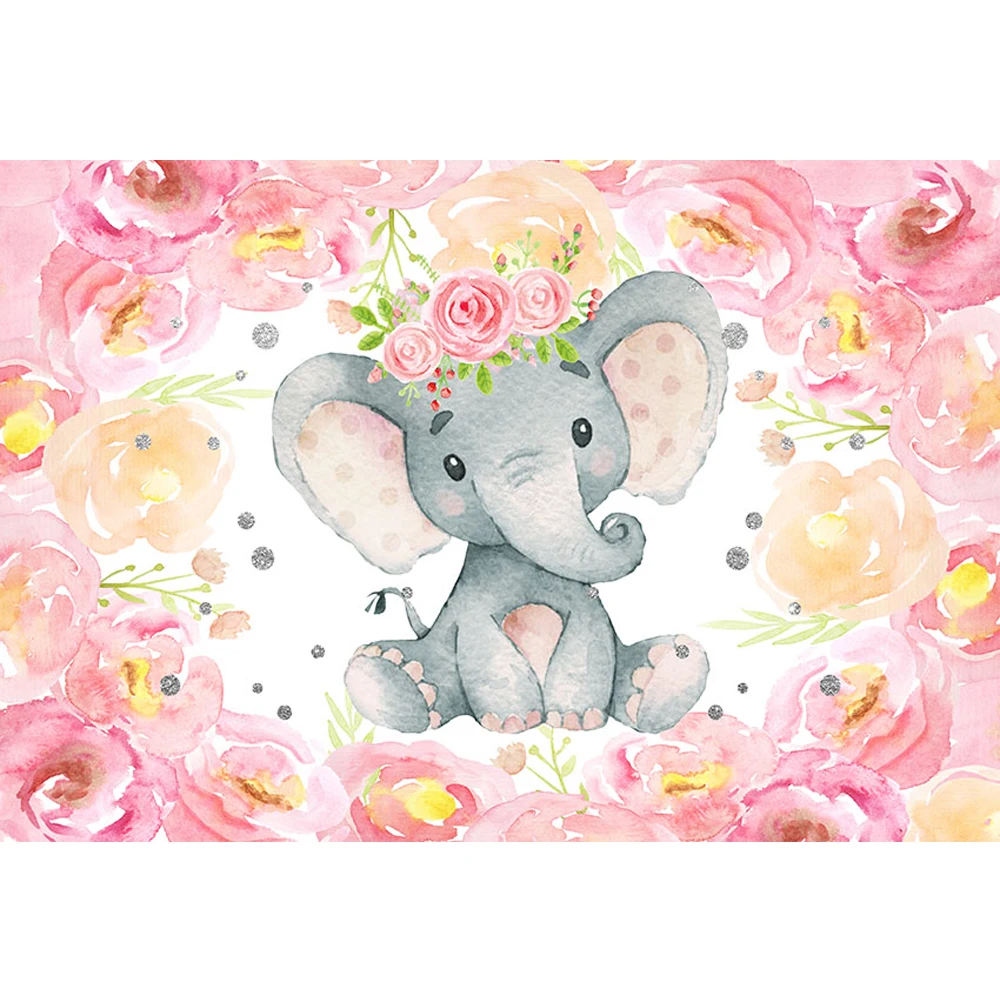 

Baby Shower Elephant Girl Backdrop Printed Pink Flowers Newborn Photography Props Princess Birthday Party Photo Booth Background