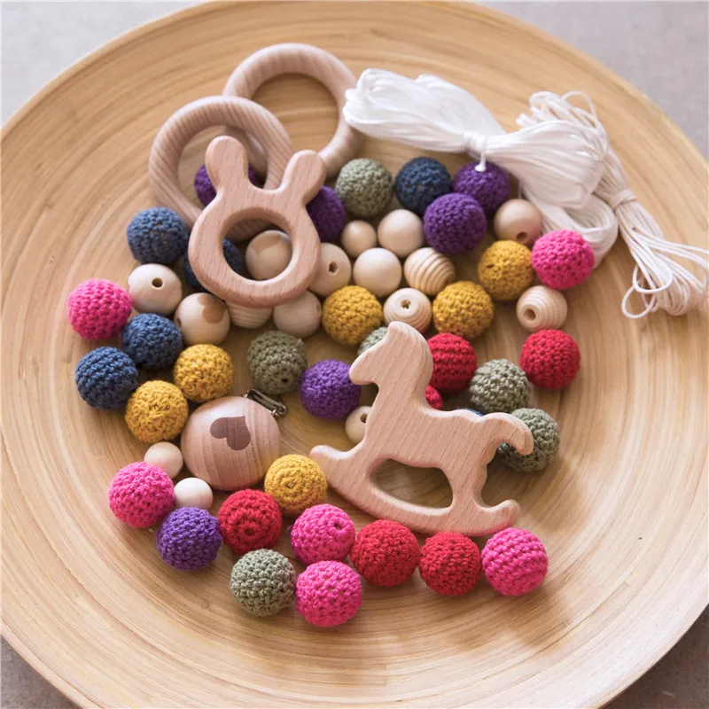 1set Baby Bijtring Houten Ring Kralen DIY Sieraden Combinatie Pakket Gehaakte Kralen Hands-on Fopspeen Clip Baby Speelgoed verpleging Gift