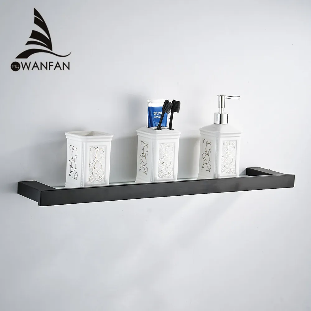 Bathroom Shelves Black Finish Stainless Steel Bath Shelf With Single Tempered Glass on the Wall Bathroom Storage Holder 610013