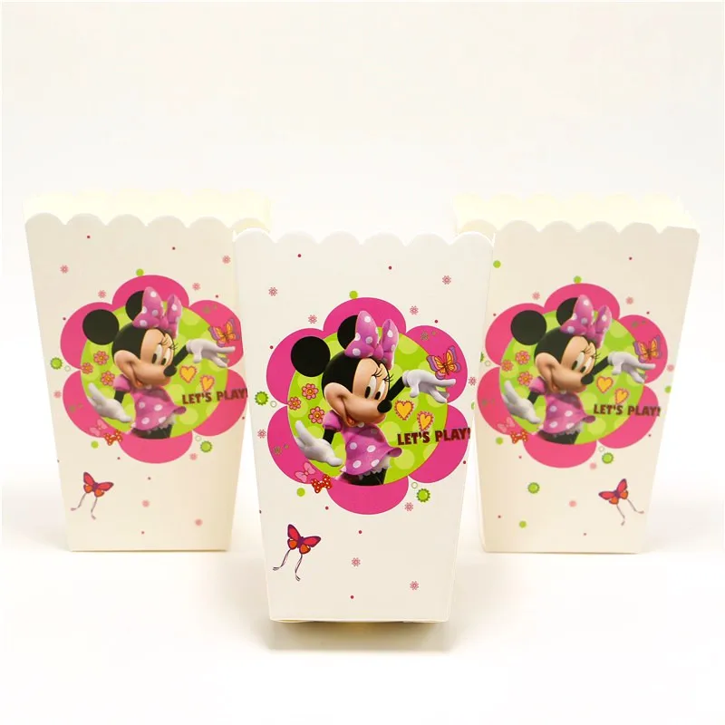 Disney Minnie Mouse 6pcs/lot Paper Popcorn Box Event Party Candy Gift Box Boy Girl Birthday Party Disposable Snack Box Supply