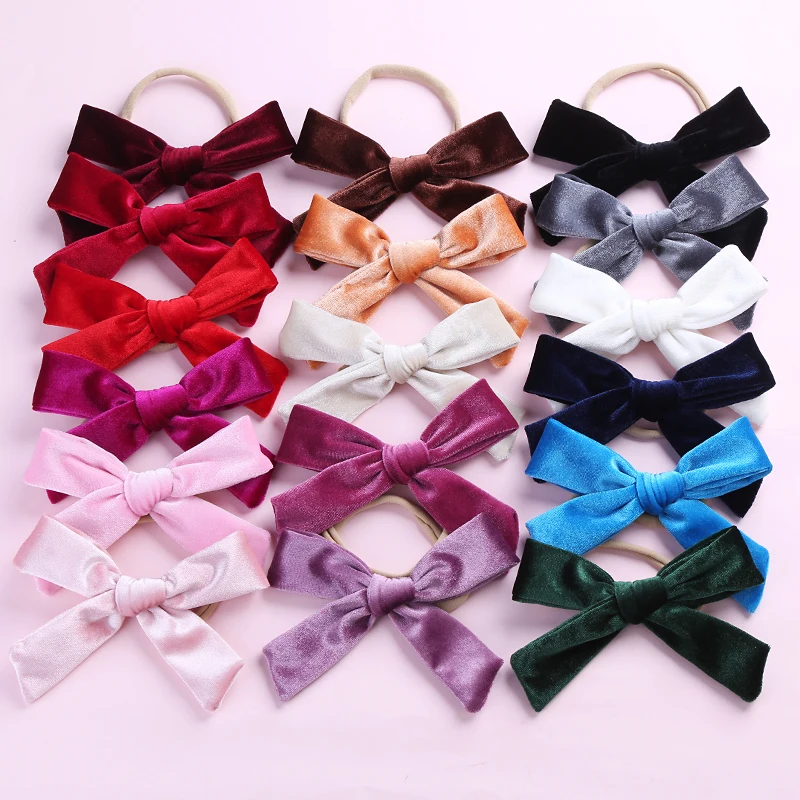 36pc/lot Wholesale Girls Large 5inch Velvet Knot Bow Nylon Headband,Solid Bows Elastic Hair Band Children Girls Hair Accessories