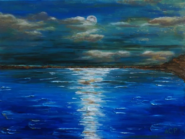 Peaceful Surface of The Lake Under Moon Light-Feel the Wind Skim Over Your Face Handmade Seascape Oil Painting on Canvas Art