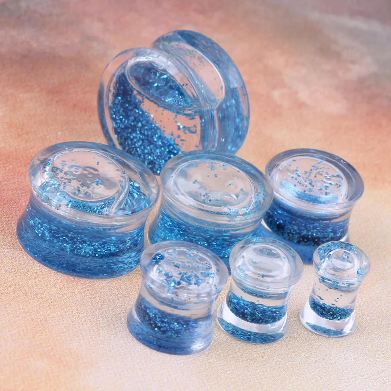 Promotion 1 Pair Blue Glitter Liquid  Ear Gauges Acrylic Ear Plug Earrings Gauges Body Piercing Jewellry Pircing Mixes