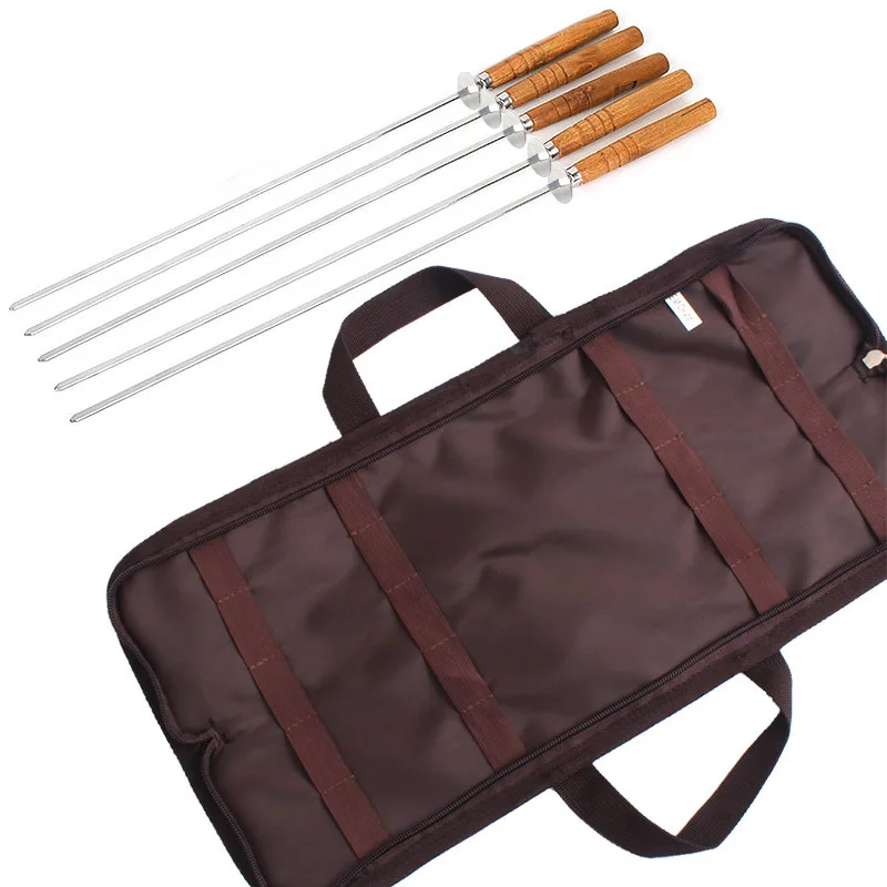 5pcs outdoor BBQ stainless steel barbecue needle picnic food wooden handle with slice  fork meat kebabs