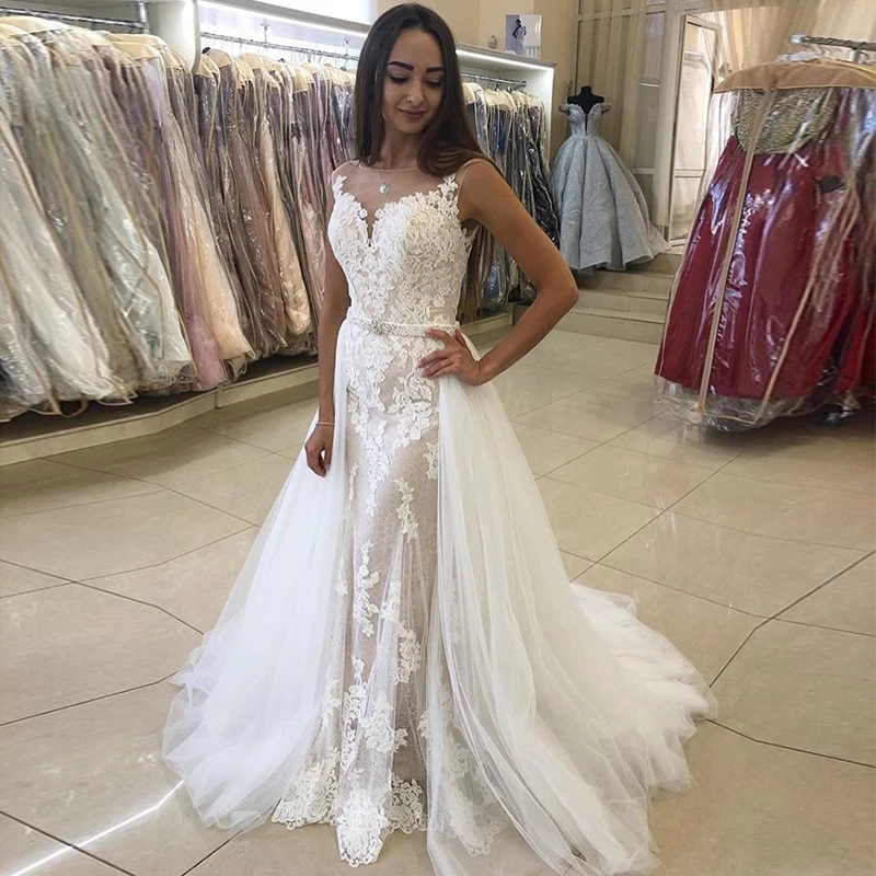 Elegant Mermaid Wedding Dress With Detachable Train Appliques Tulle Skirt 2019 New Vestido De Novia Sweep Train Bridal Dress