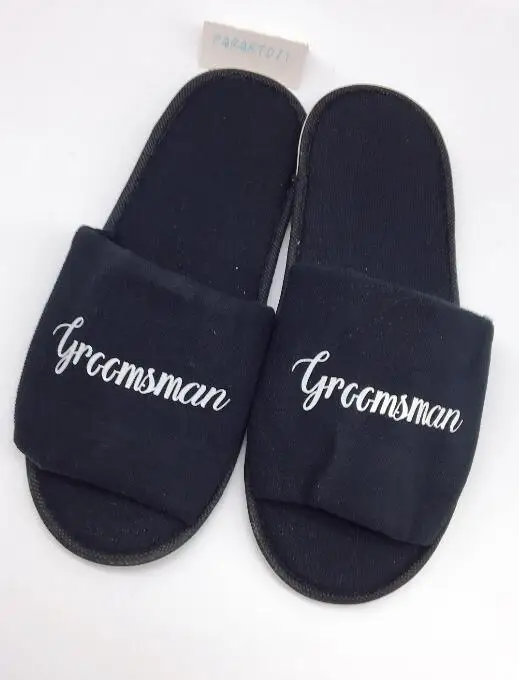 personalize language black Wedding groom Slippers, Bride Slippers, Groomsman Slippers custom Print shoes birthday slippers