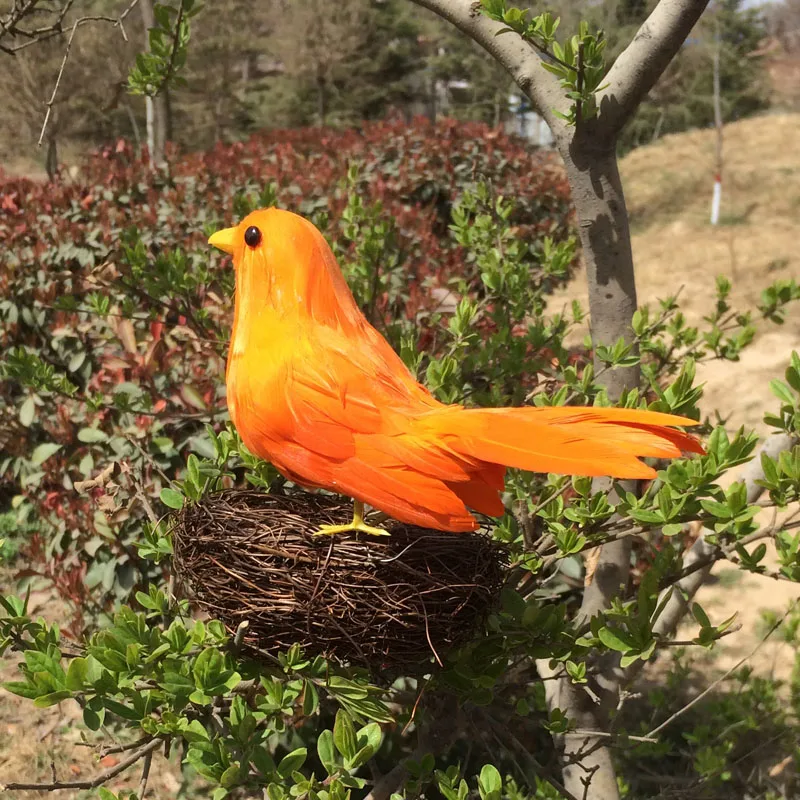 

about 15cm feathers bird ,plastic foam & orange feathers small bird Handmade art model toy,prop,decoration gift w5526