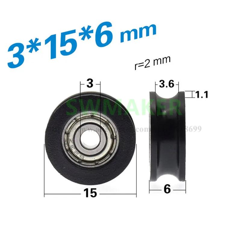 1pcs 3*15*6mm 623ZZ bearing pulley rolling window wheel U groove wheel Nylon Peilin guide wheel overhead crane