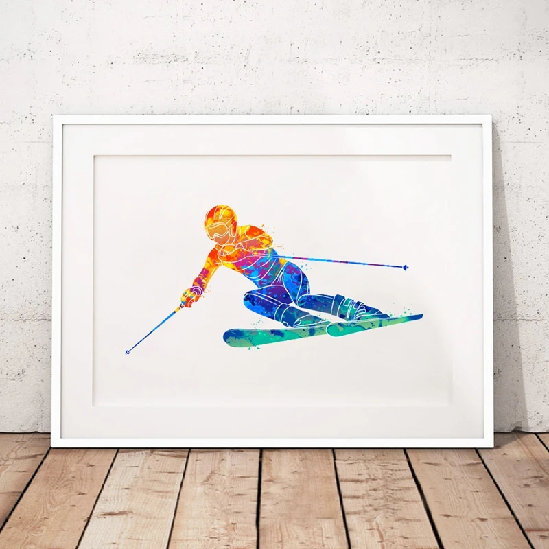 Descent Giant Slalom Skier From Splash of Watercolors Canvas Poster Prints Abstract Skiing Art Painting Winter sports Home Decor