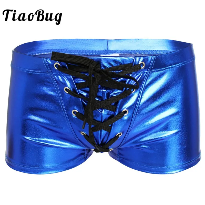 TiaoBug Men Shiny Patent Leather Drawstring Boxer Briefs Male Hot Sexy Trunks Swimwear Underwear Beach Swimming Shorts Swimsuit