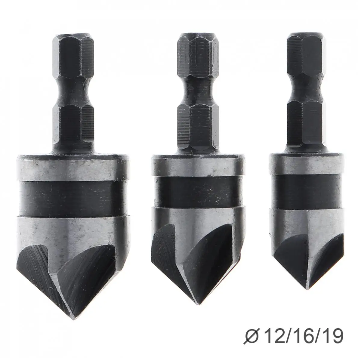 

3pcs/lot 5 Flute 90 Degree HCS Hex Shank 12-19mm Chamfer Cutter Countersink for Woodworking Openings