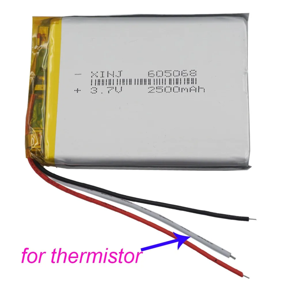 3.7V 2500mAh 9.25Wh 3 Wires Thermistor Lithium Polymer LiPo Battery 605068 For Car Camera E-Book PDA MID ipod Portable Tablet PC