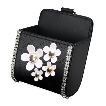 Diamond Crown Car Organizer Box Bag Air Vent Hanging Crystal Leather Universal Car Mobile Phone Holder Auto Interior Accessories