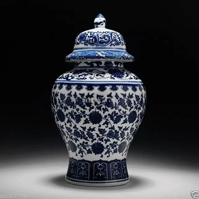 

Elaborate Antique Chinese Classical Blue and White porcelain Pot & Lid with Qing Dynasty Qianlong Mark