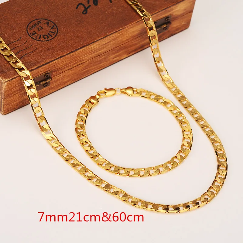 Bangrui 7MM 60cm & 21cm Men\'s Fashion Jewelry Trendy Gold Color Curb Link Chain Brazil Bracelet Necklace Sets