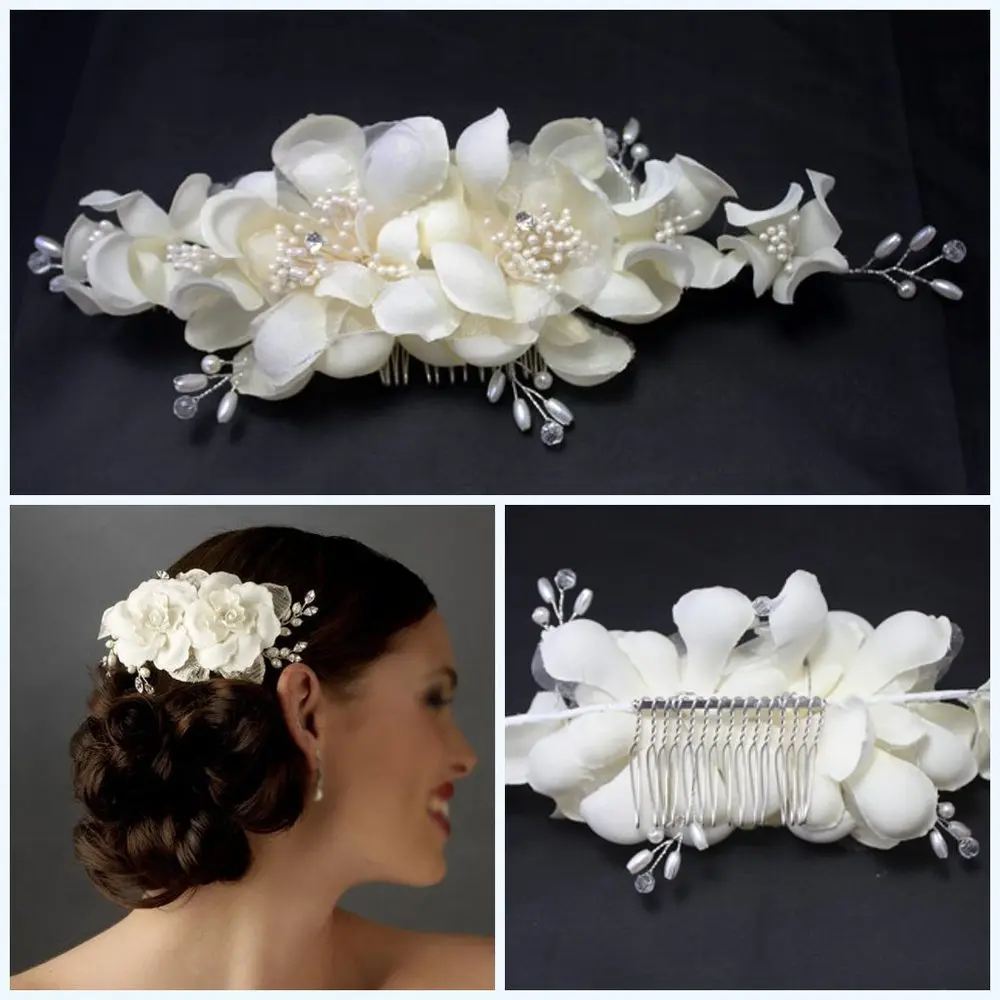 White yarn flower hair comb style headpiece soft tiara for bride wedding hair accessories