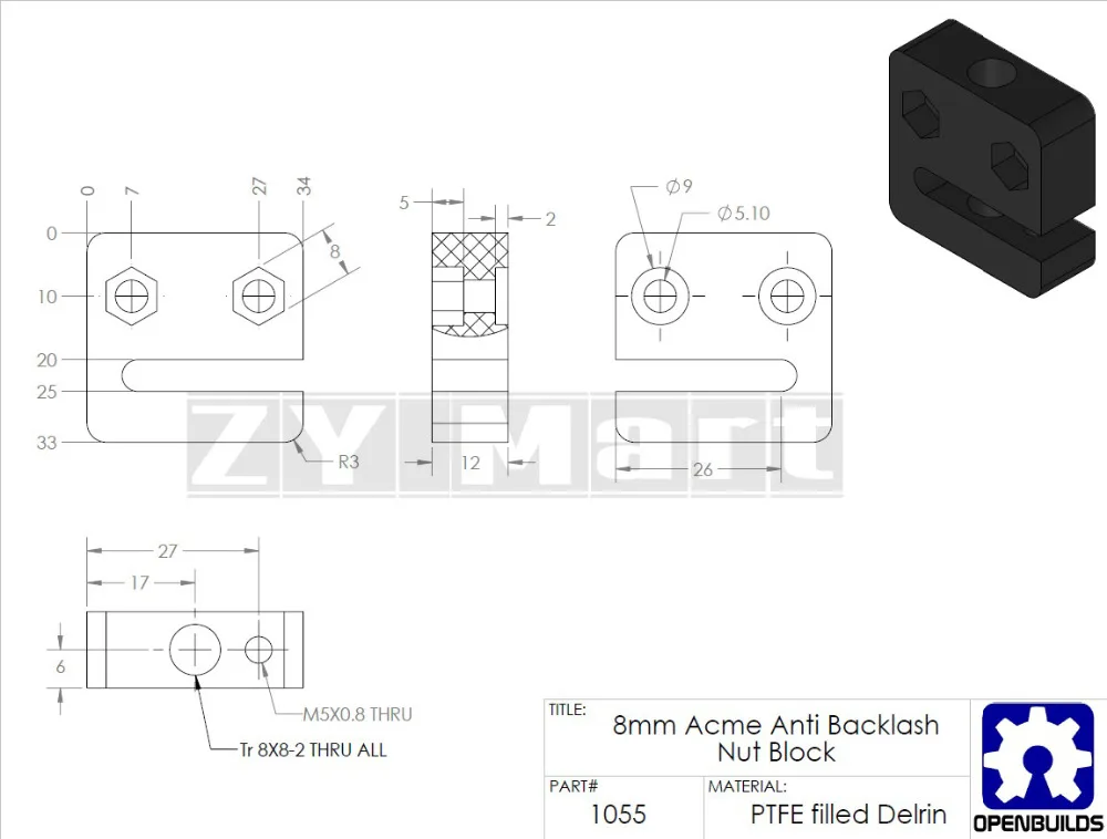 T Openbuilds T8 Screw 8mm Nut Block Pitch 2mm Lead 2/4/8mm For 3D Printer Parts